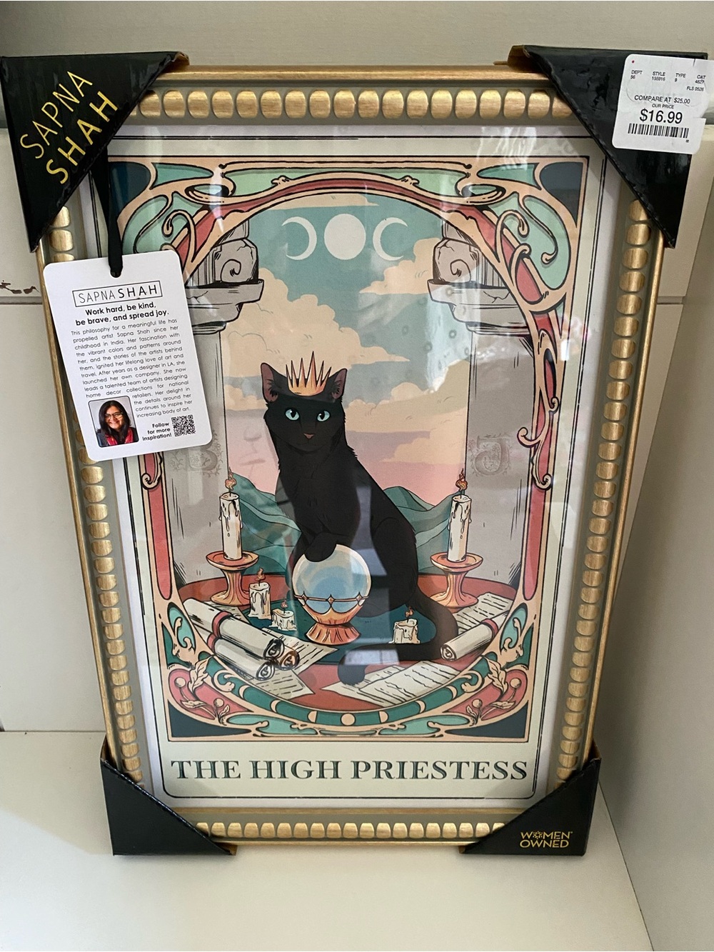Sapna Shah The High Priestess Tarot Black Cat Framed Wall Art Gold 12x18 New